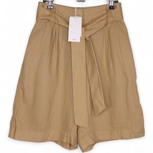 MNG Mango Womens XS Beige Linen Blend Bermuda Belted Shorts Preppy Office Casual